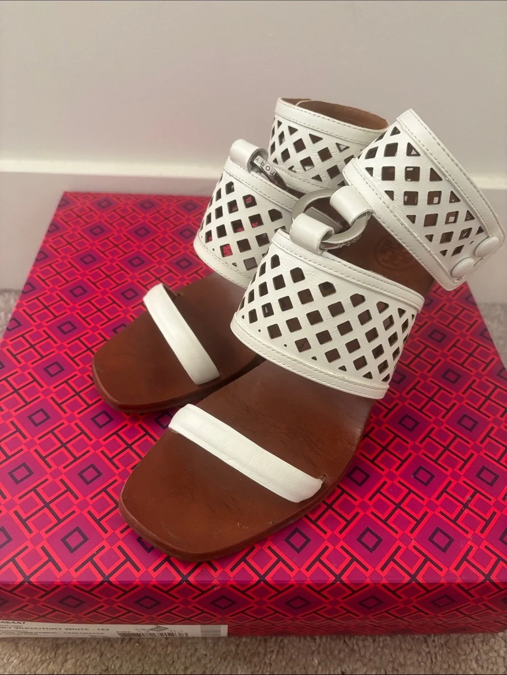 Tory Burch White Perforated Leather Block Heel Sandals